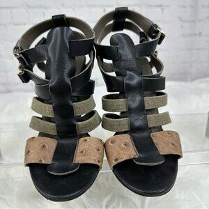 Balenciaga Women’s Black Strap Buckle Canvas Animal Designer Wedge Heels EU 39.5
